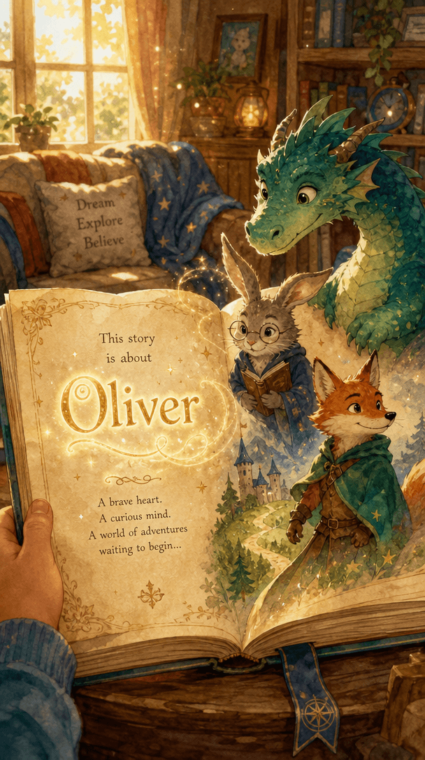 An open illustrated storybook with a dragon, rabbit, fox, and a child's name glowing on the page